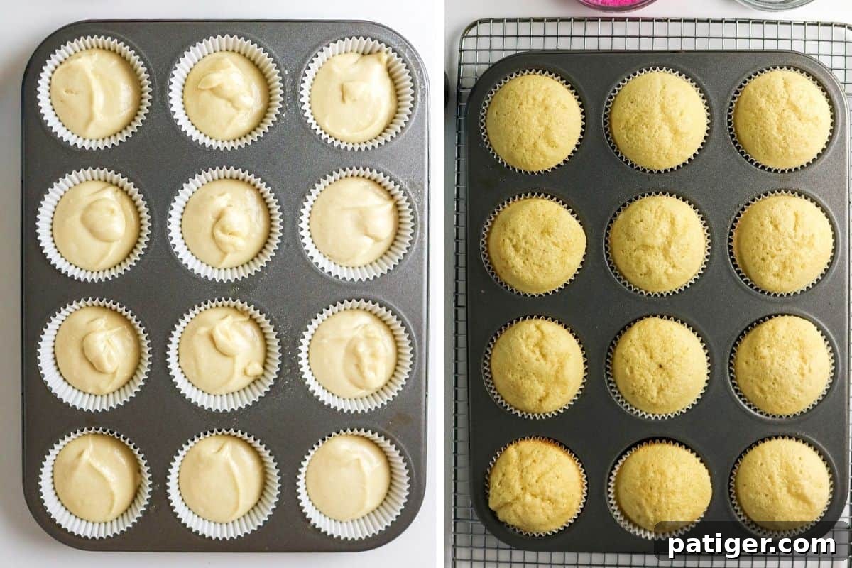 Fluffy Marshmallow Bunny Cupcakes 5 A collage showing two stages of cupcake baking: first, a muffin tin with paper liners filled with raw cupcake batter; second, the same tin with perfectly baked golden-brown cupcakes cooling on a wire rack.