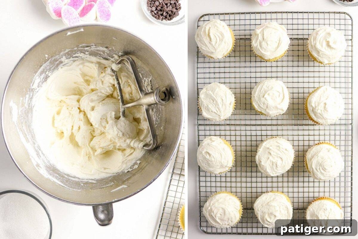 Fluffy Marshmallow Bunny Cupcakes 6 A collage showing two steps for frosting cupcakes: first, buttercream being mixed in a bowl; second, freshly frosted cupcakes arranged on a cooling rack.