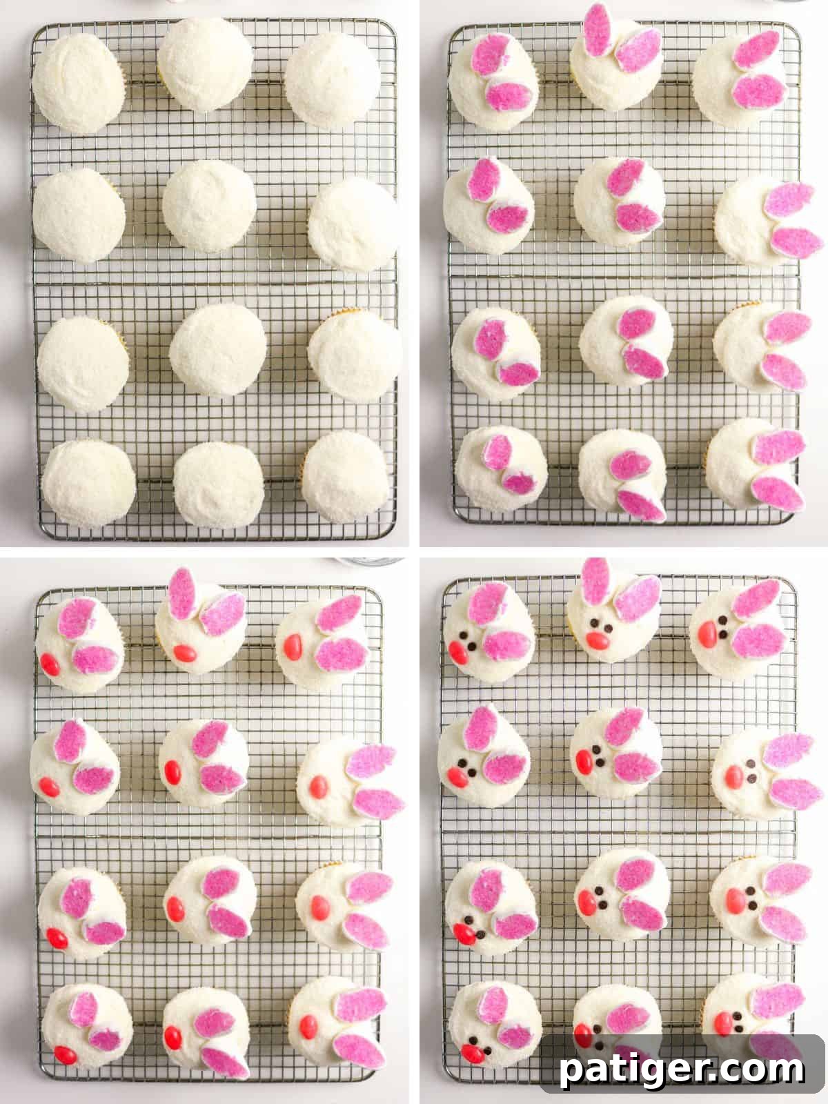Fluffy Marshmallow Bunny Cupcakes 7 A four-panel collage illustrating the decoration process of bunny cupcakes: (1) frosted cupcakes coated with white sanding sugar, (2) marshmallow ears with pink sugar being added, (3) pink jelly beans placed as noses, and (4) mini chocolate chips completing the bunny faces.