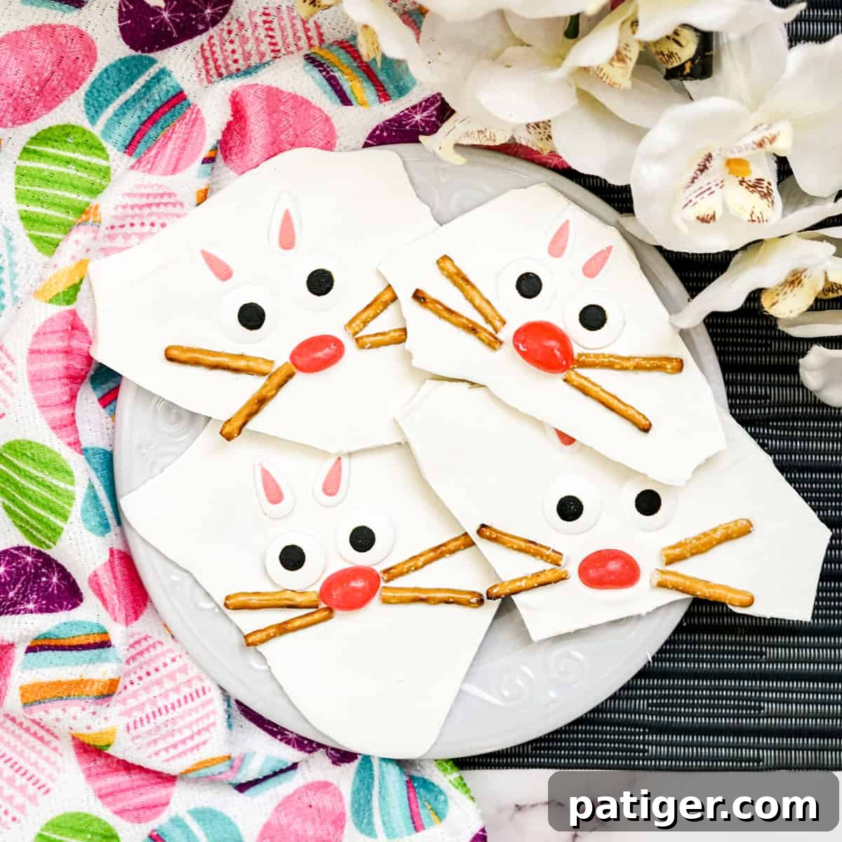 Easter Bunny Bark with pretzels, jelly beans, candy eyes, and candy ears.