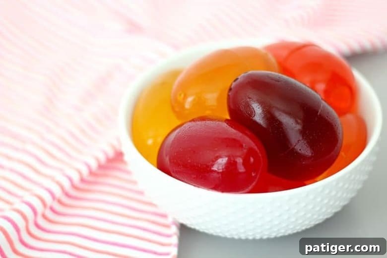 Eggs made from different colors of jello gelatin.