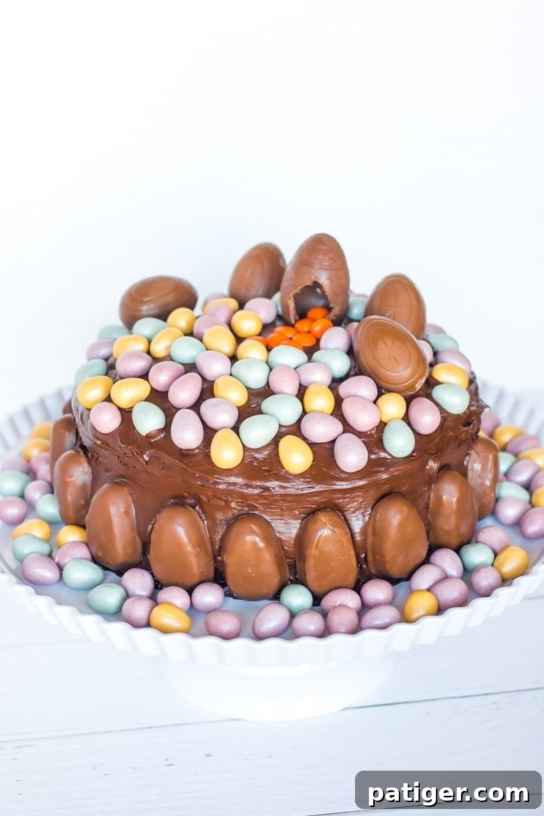 Chocolate layer cake with chocolate frosting and chocolate egg candies. 