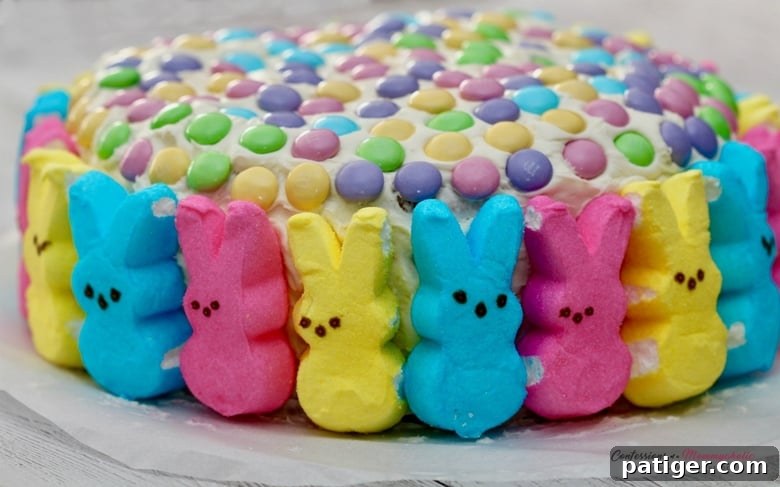 Vanilla frosted round Cake topped with pastel M&Ms and surrounded by marshmallow peeps.