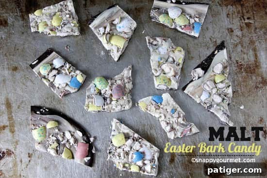 Malt egg topped chocolate bark candy.