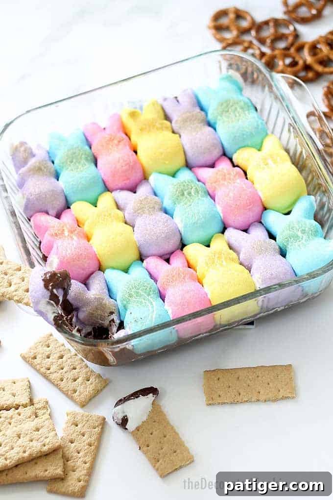 S'more Dip topped with marshmallow peeps.