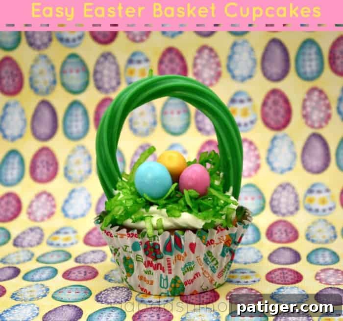 Easter Basket Cupcakes made with candy eggs and a green twizzler handle.