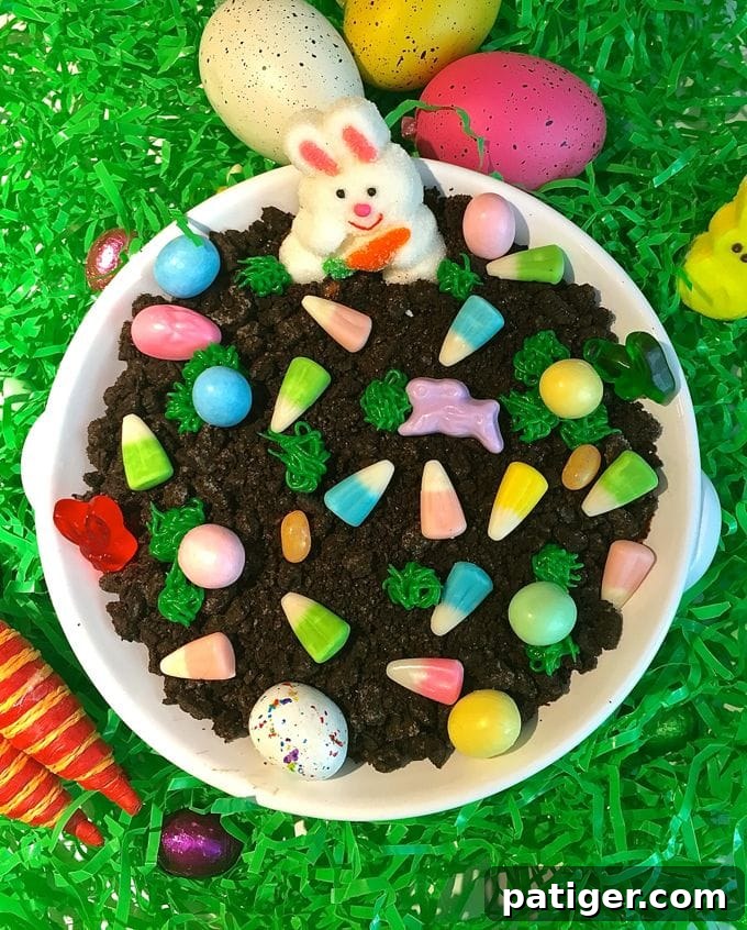 Easter Chocolate Cheesecake Dip topped with easter candies.