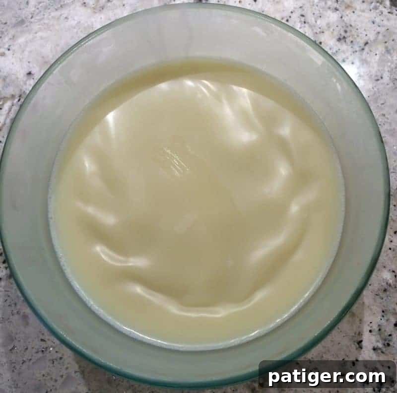 Cooled body butter mixture, partially solidified, exhibiting a slightly opaque and firmer texture around the edges and softer in the middle, indicating readiness for whipping.