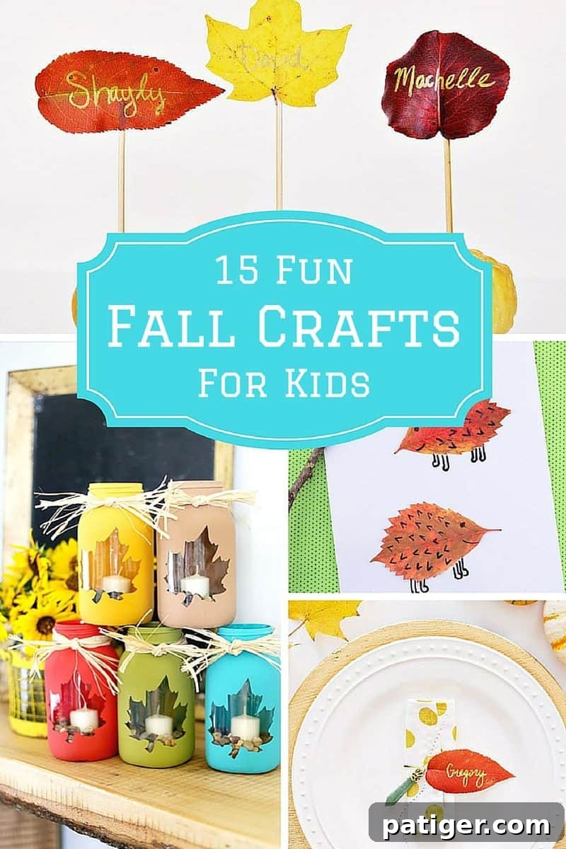 A vibrant collection of 15 fun fall crafts for kids, including leaf art, pumpkin decorations, and nature-inspired projects, set against an autumn backdrop, symbolizing creativity and family bonding during the fall season.