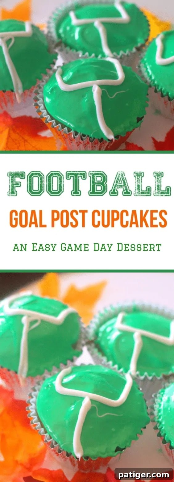 A festive spread of Football Goal Post Cupcakes, featuring vibrant green frosting and white goalposts, ready for an easy game day dessert.