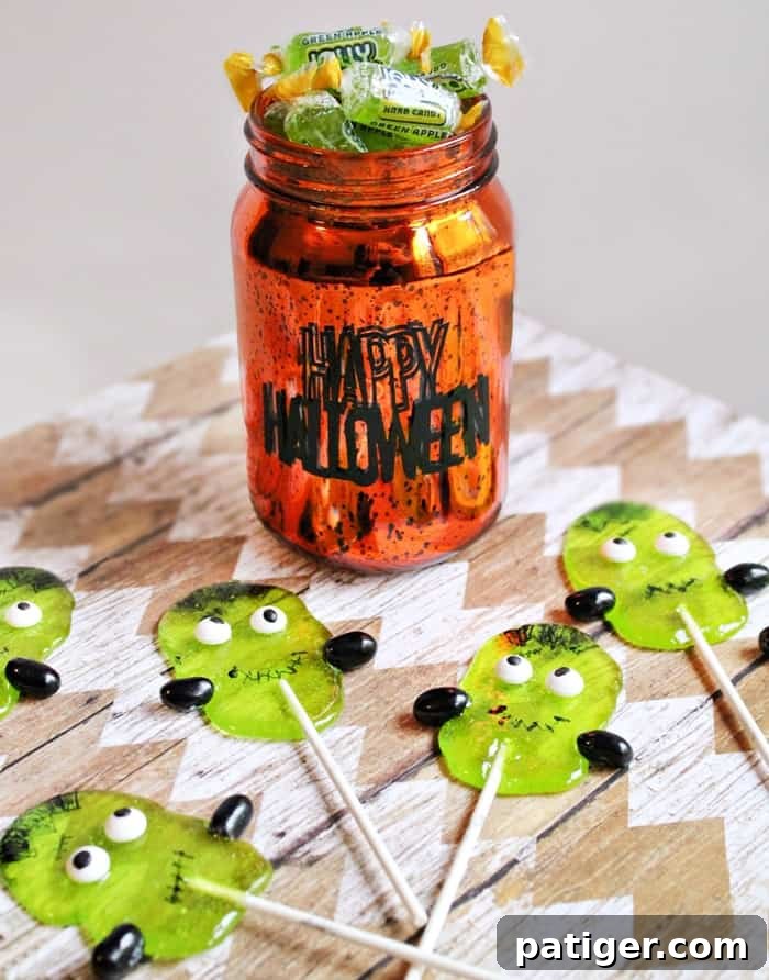 Homemade Frankenstein Candy for Halloween parties are simple to make with green apple Jolly Ranchers.