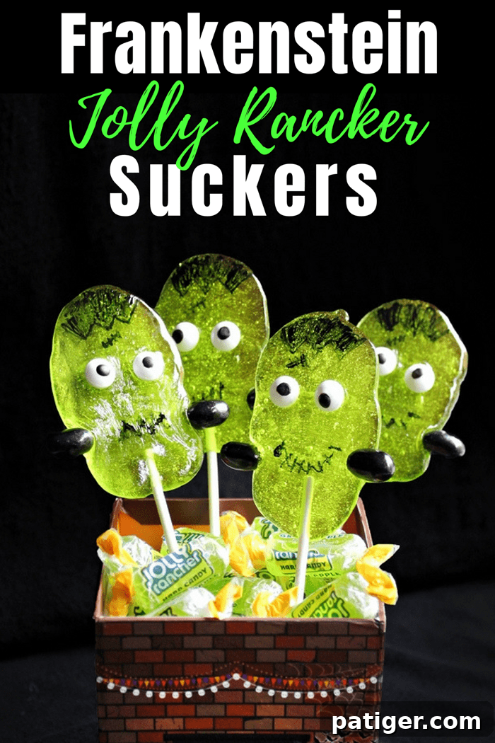 Pin this recipe for Frankenstein Jolly Rancher Suckers, an easy and adorable Halloween party treat.