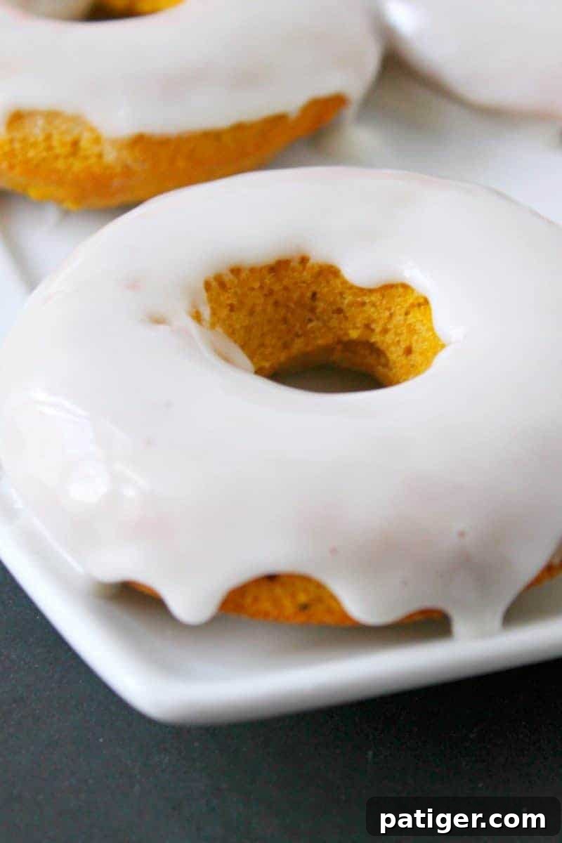 Baked pumpkin doughnuts smothered with vanilla glaze.
