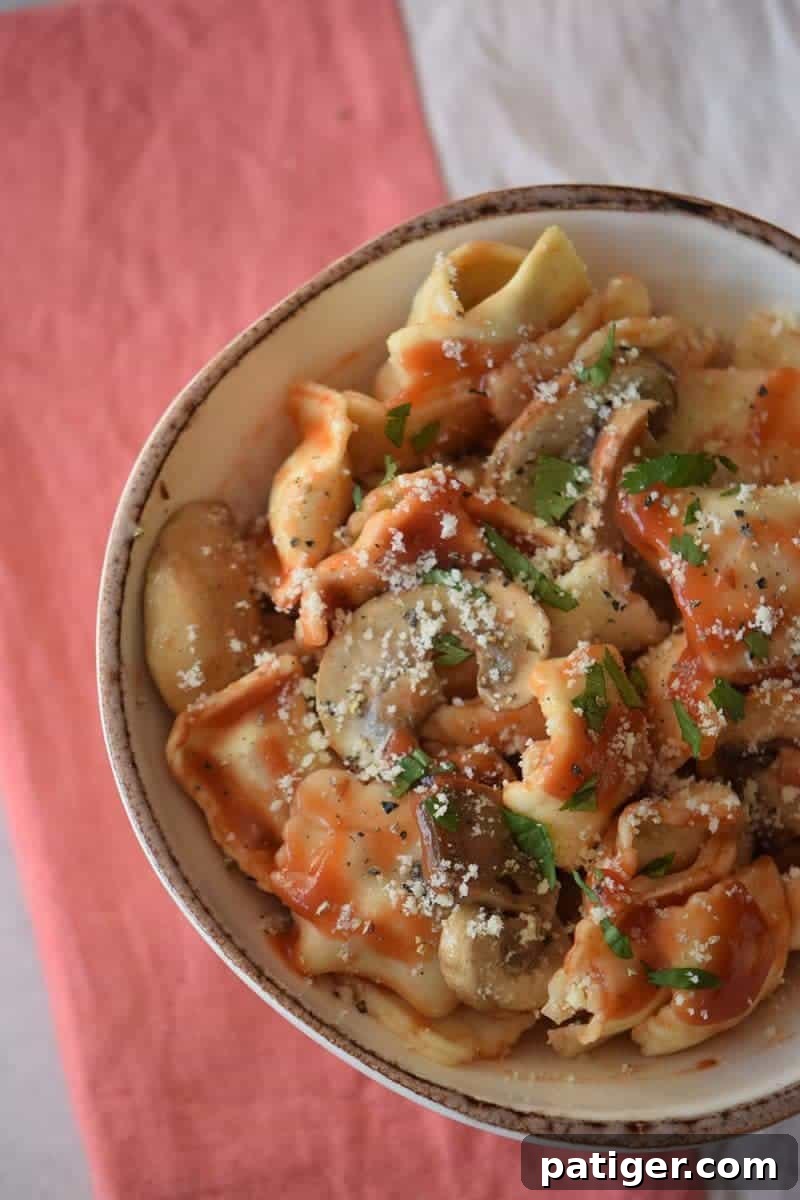 Hearty Mushroom Bolognese 2 Ravioli with mushroom bolognese.