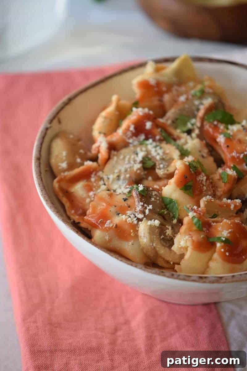 Hearty Mushroom Bolognese 3 Bowl of ravioli with mushroom sauce.