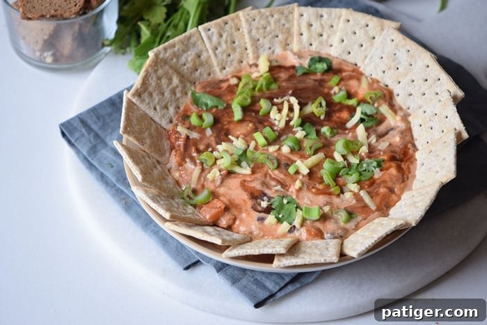 A BBQ chicken dip made with shredded chicken, cream cheese, sour cream, BBQ sauce, and cheese. This BBQ dip makes a great party appetizer or game day snack.