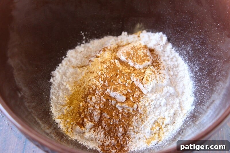 Dry ingredients for gingerbread pancakes carefully measured into a bowl, awaiting mixture.