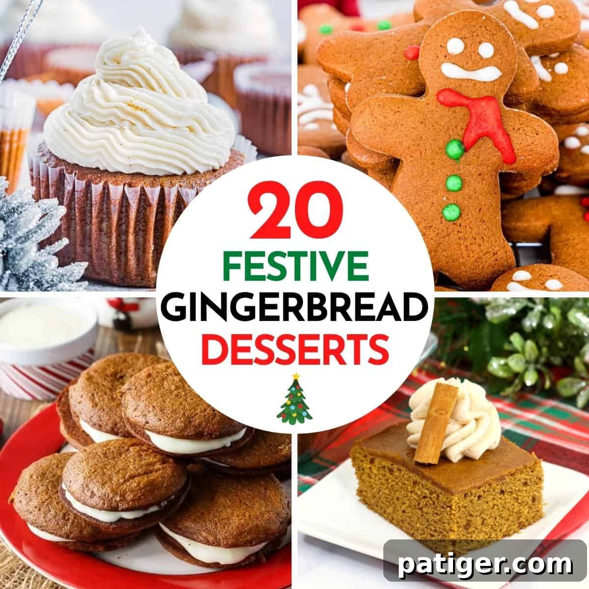 A festive collage showcasing various gingerbread desserts, including gingerbread cupcakes, gingerbread men, gingerbread whoopie pies, and a beautifully decorated gingerbread cake.