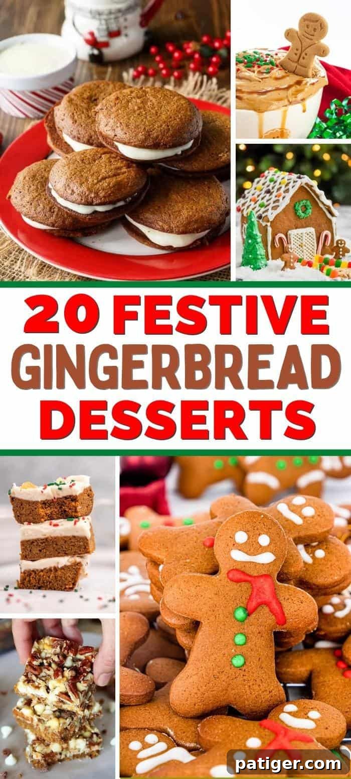 A beautifully arranged pin image featuring a variety of festive gingerbread desserts, perfect for sharing on social media.