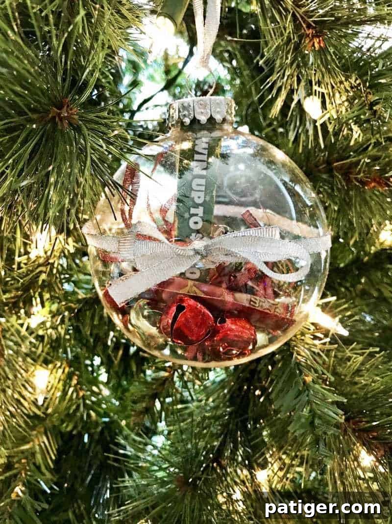 7 Creative Ways to Present Lottery Tickets 8 Clear ball ornament with lottery ticket scratch offs and jingle bells inside.