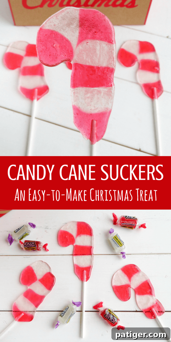 Large image of Candy Cane Suckers on a white background with a textual overlay: 'Candy Cane Suckers: An Easy-to-Make Christmas Treat.'