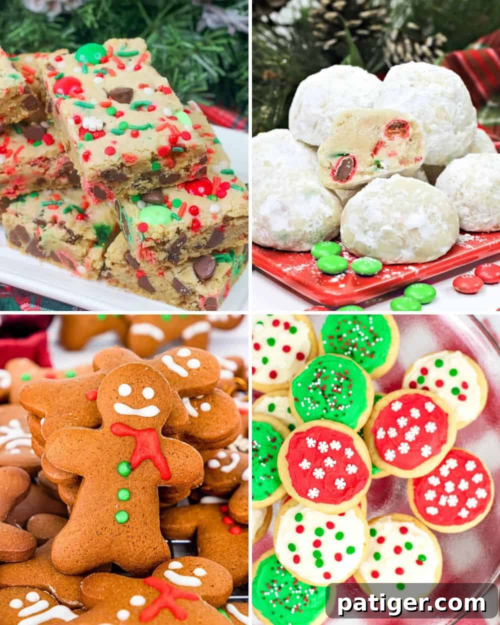 A festive assortment of Christmas cookies including cookie bars, snowball cookies, gingerbread men, and frosted pudding sugar cookies, beautifully arranged.