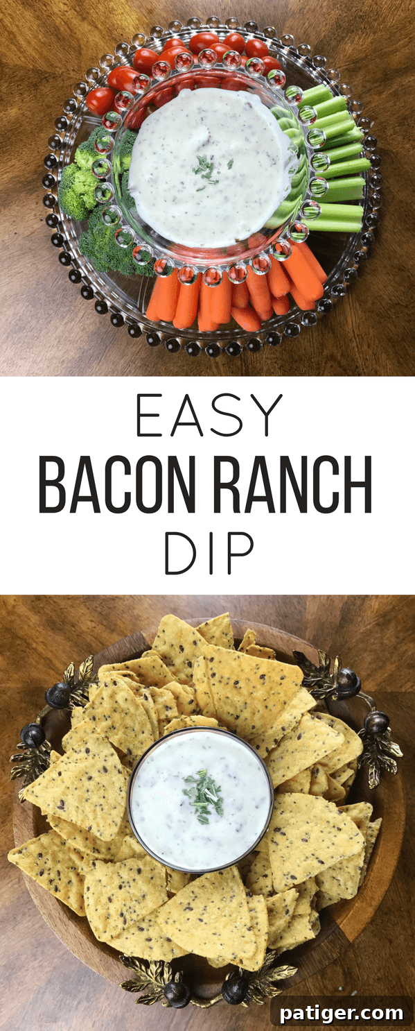 A high-angle shot of a deliciously prepared Easy Bacon Ranch Dip, presented in a rustic bowl on a wooden surface, with a variety of colorful dippers surrounding it, perfect for an appetizer spread.