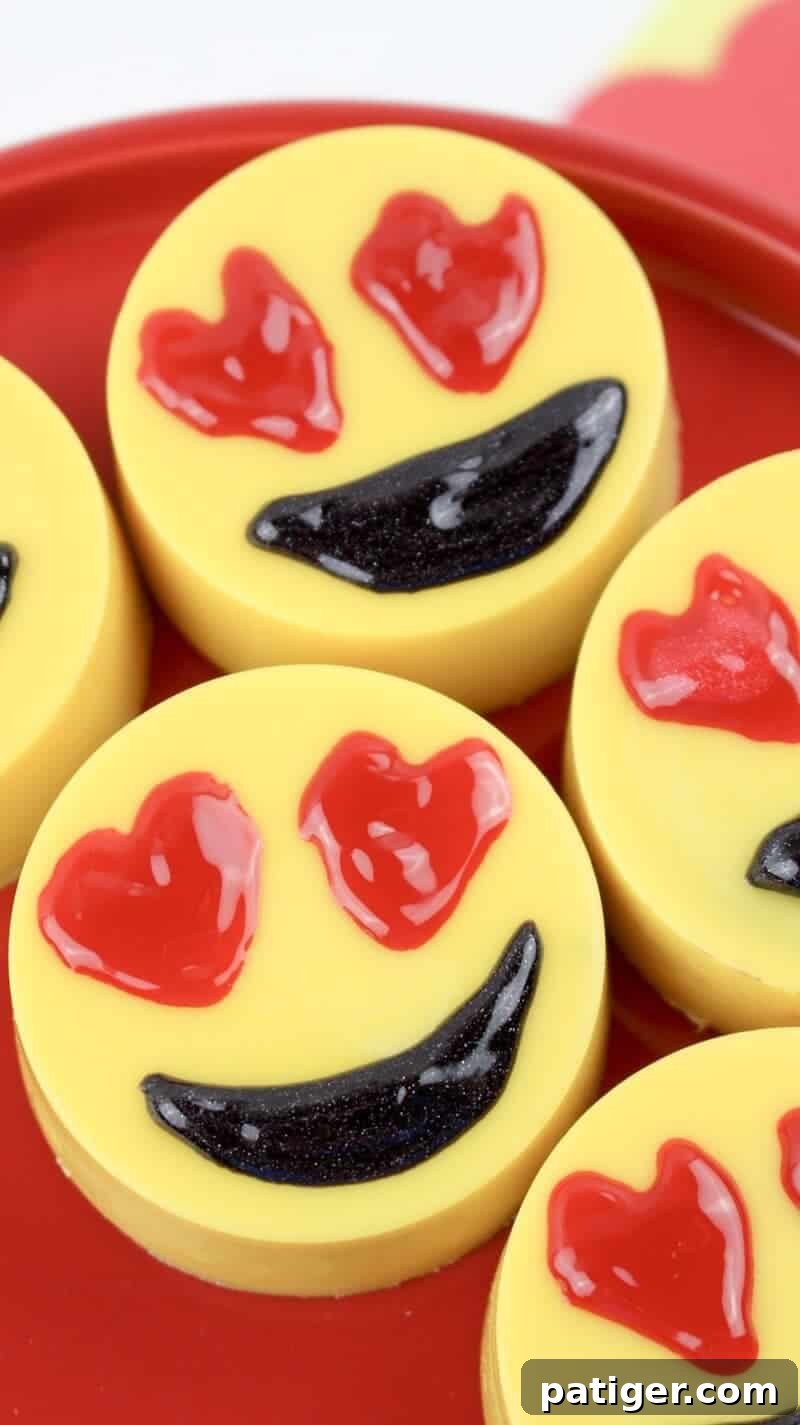 Close-up of Heart Eyes Emoji Valentine Oreos showing different shaped mouths and expressions.