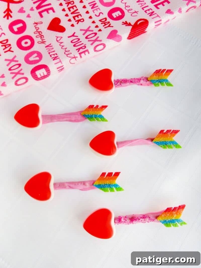 Candy arrow valentine's treats made from pretzels and candy.