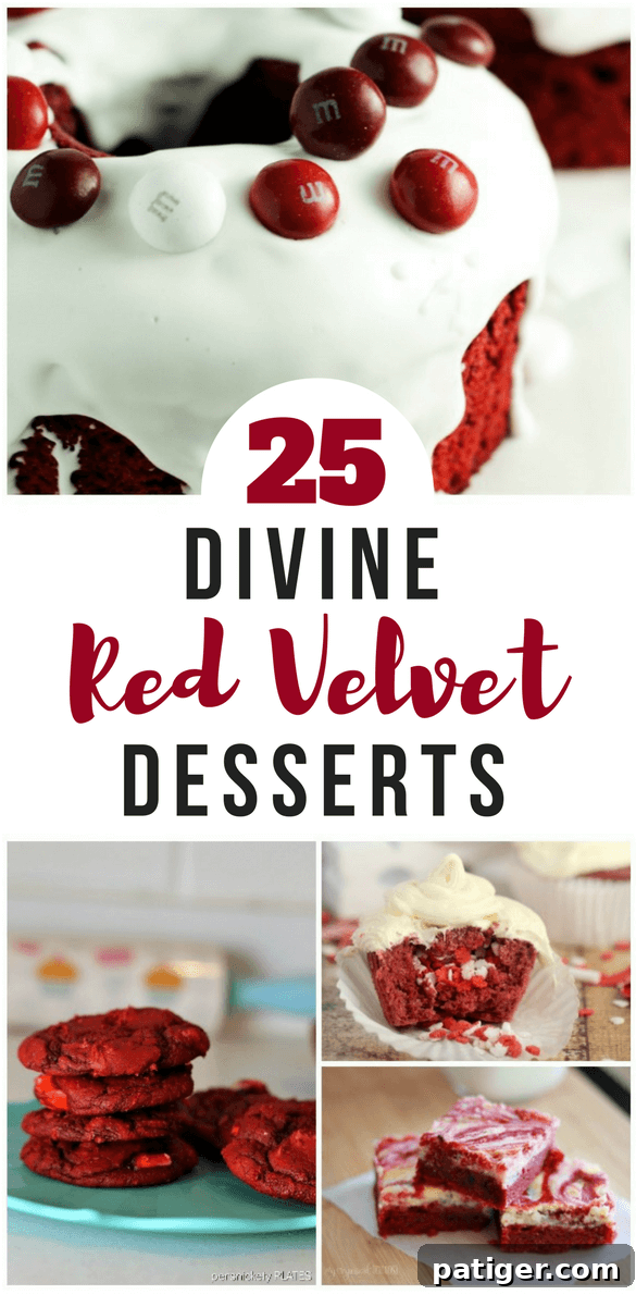 A vibrant collage of 25 Divine Red Velvet Desserts, including cakes, cupcakes, cookies, and more, perfect for holidays like Valentine's Day and Christmas, showcasing the irresistible allure of red velvet treats.