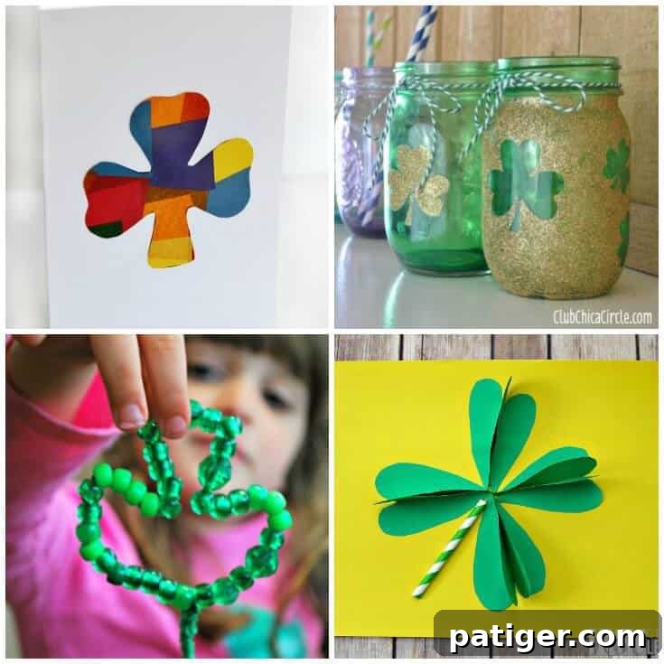 Easy Peasy Shamrock Crafts for Little Ones 3 Four image collage showing various shamrock craft ideas for kids: a rainbow paper collage, glittery mason jar, beaded shamrock, and a paper craft.