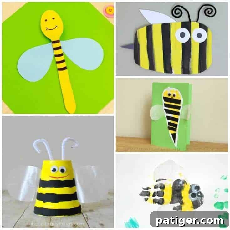 Buzz-Worthy Bee Crafts for Kids 3 Collage of images of bee crafts using spoon, paper, cup, pipe cleaners, googly eyes, and handprint, inspiring creative play for kids.
