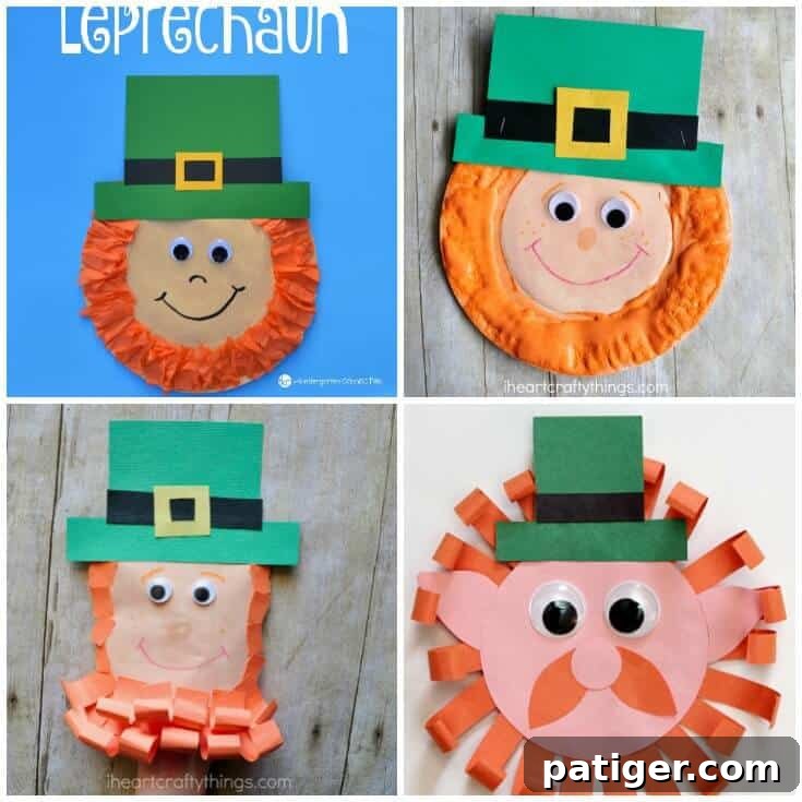 Whimsical Leprechaun Projects for Little Ones 3 Collage of 4 leprechaun crafts made with paper, paper plates, and googly eyes, showcasing various finished projects.