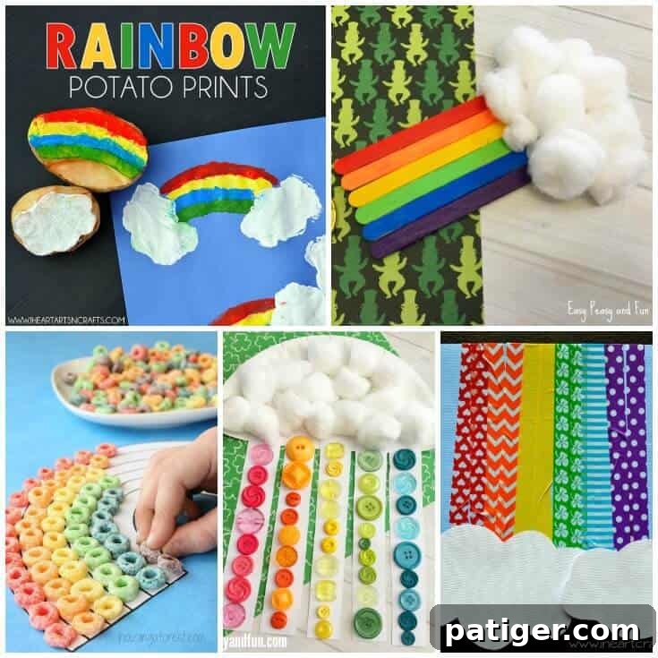 Bright Rainbow Makes for Children 3 Collage of rainbow crafts for kids: potato prints, popsicle stick and cotton ball rainbow, fruit loop cereal rainbow, button rainbow, and washi tape rainbow.