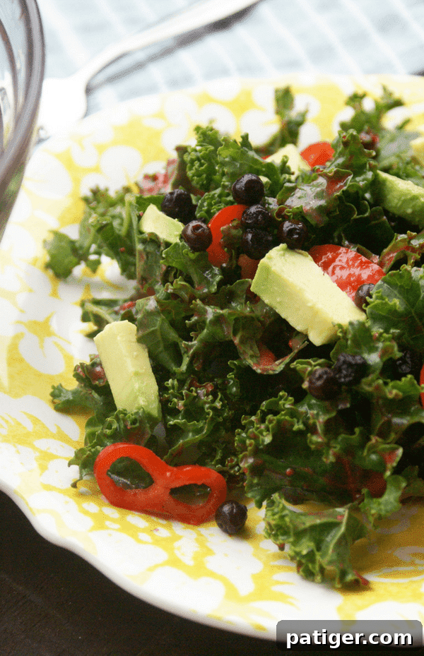 Vibrant Kale Blueberry Salad 2 Vibrant Kale Blueberry Salad featuring creamy avocado, fresh blueberries, and a hint of red chili, dressed in a raspberry lime vinaigrette.