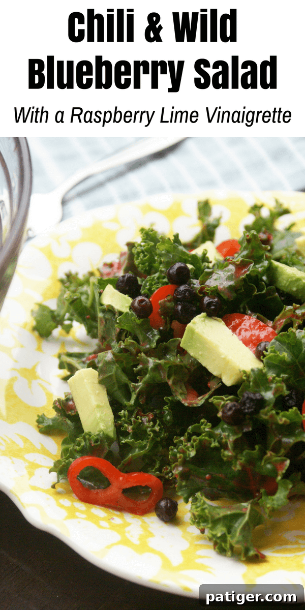 Vibrant Kale Blueberry Salad 5 A beautifully presented Kale Blueberry Salad with avocado, chilies, and raspberry lime vinaigrette, ready to be enjoyed.