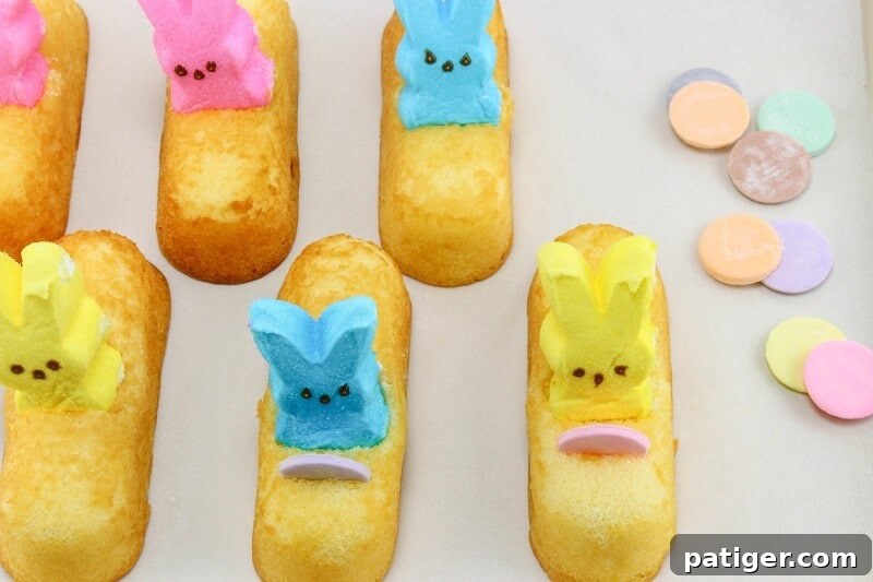 Peeps placed in the holes made in Twinkies and Nicco waffers placed in front of them to look like steering wheels.