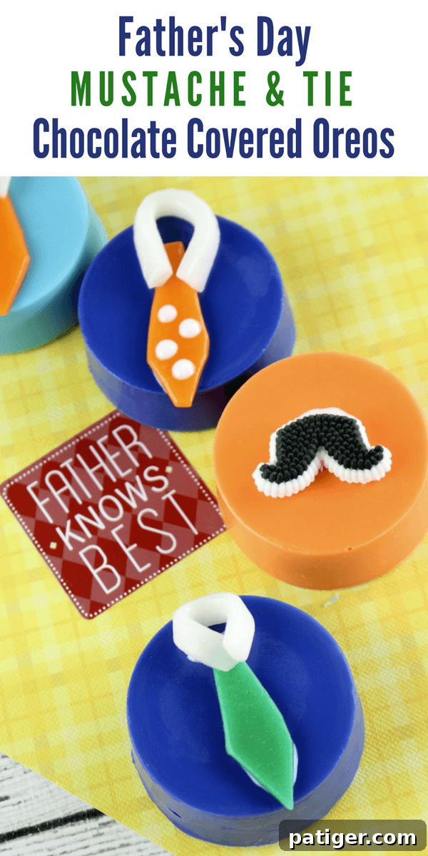 Father's Day Dipped Oreo Delights 2 Delight Dad this Father's Day with easy, no-bake Chocolate Covered Oreos featuring fun mustache and tie decorations. A perfect homemade treat!