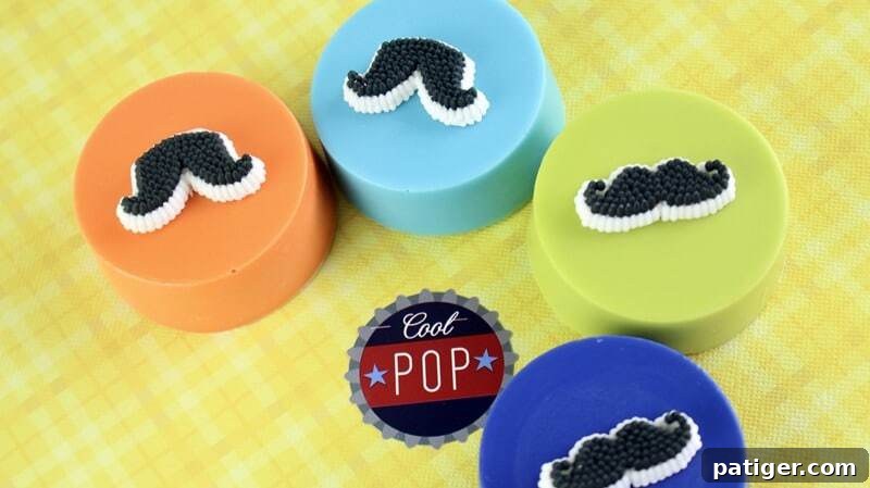 Father's Day Dipped Oreo Delights 7 An assortment of colorful chocolate-covered Oreos, half decorated with charming candy mustaches, ready for Father's Day celebration.