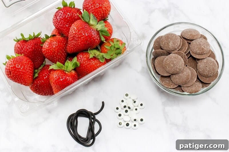 Strawberry Ladybug Snacks Ingredients: fresh strawberries, chocolate candy melts, black licorice rope, edible eyes.