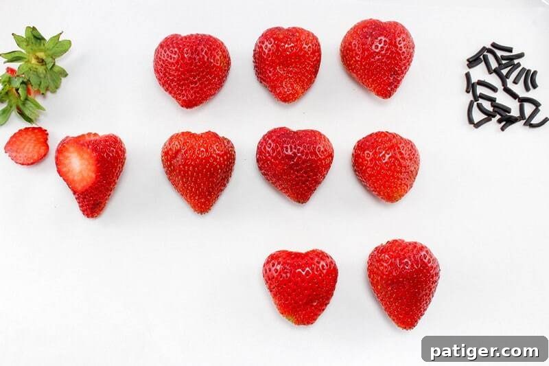 Strawberries destemmed and trimmed to lay flat.