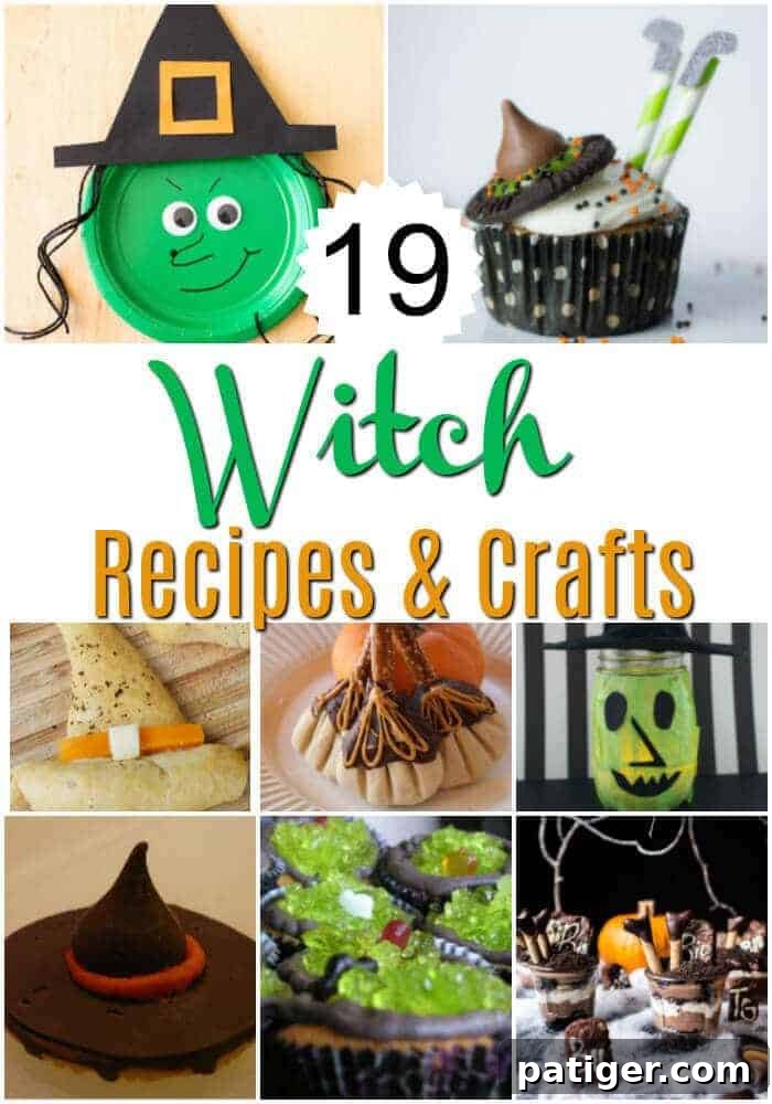 A collage of various witch Halloween recipes and crafts, including witch hat cookies, cauldron cakes, and witch-themed DIY decorations for a festive celebration.