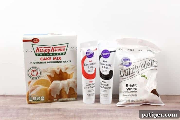 Krispy Kreme Cake Mix, white candy melts, black decorating gel, and red decorating gel, essential ingredients for eyeball doughnuts.