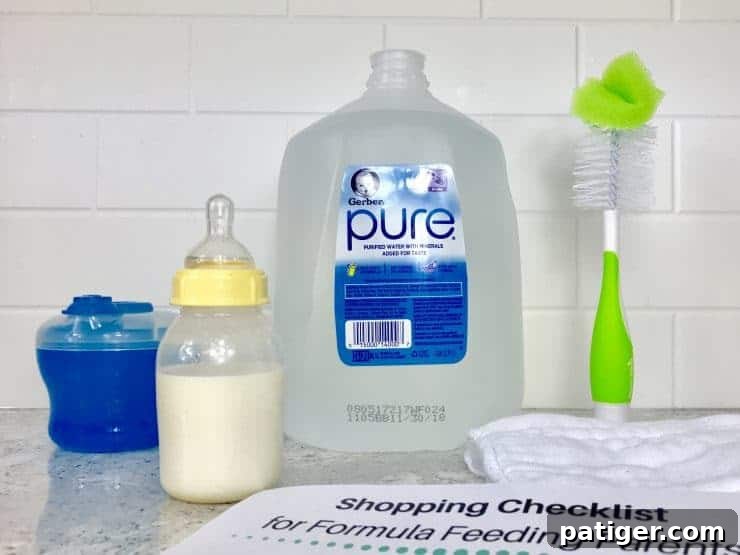 Your 11-Item Bottle Feeding Survival Kit 4 Formula dispenser, baby bottle with formula, nursery water, bottle brush, burp cloth, shopping list for formula feeding parents.