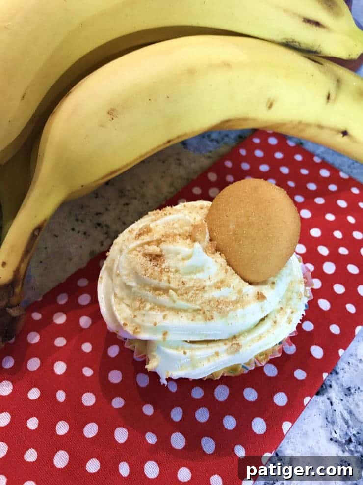 Vanilla Wafer Banana Pudding Cupcakes 7 A perfectly crafted banana pudding cupcake, beautifully frosted and adorned with a crisp vanilla wafer, elegantly positioned next to a fresh, ripe banana on a clean wooden surface.