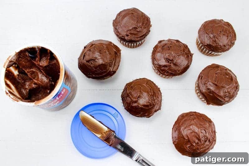 Seven chocolate cupcakes with chocolate frosting next to tub of chocolate frosting and butter knife.