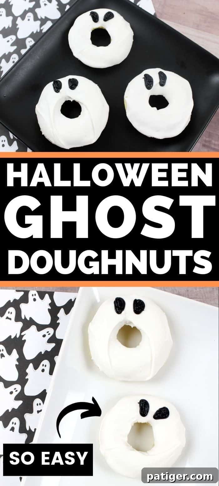 Pinterest Pin featuring a collection of adorable Halloween Ghost Doughnuts, perfect for sharing and inspiring others with this quick and easy recipe.