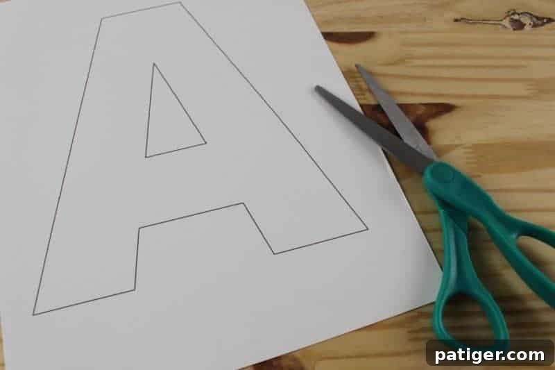 A is for Anchor: Printable Letter A Craft Fun 4 Printable Letter A template on white paper, ready to be cut out for crafting. Essential for the Letter A for Anchor craft for young children.