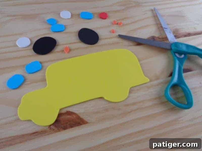 Third step for the Letter B craft: Cut out the bus parts from the template and trace them onto craft foam.