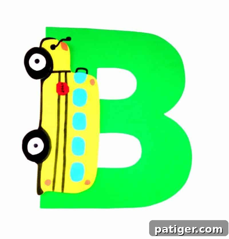 Completed Letter B is for Bus craft with printable template for toddlers and preschoolers.